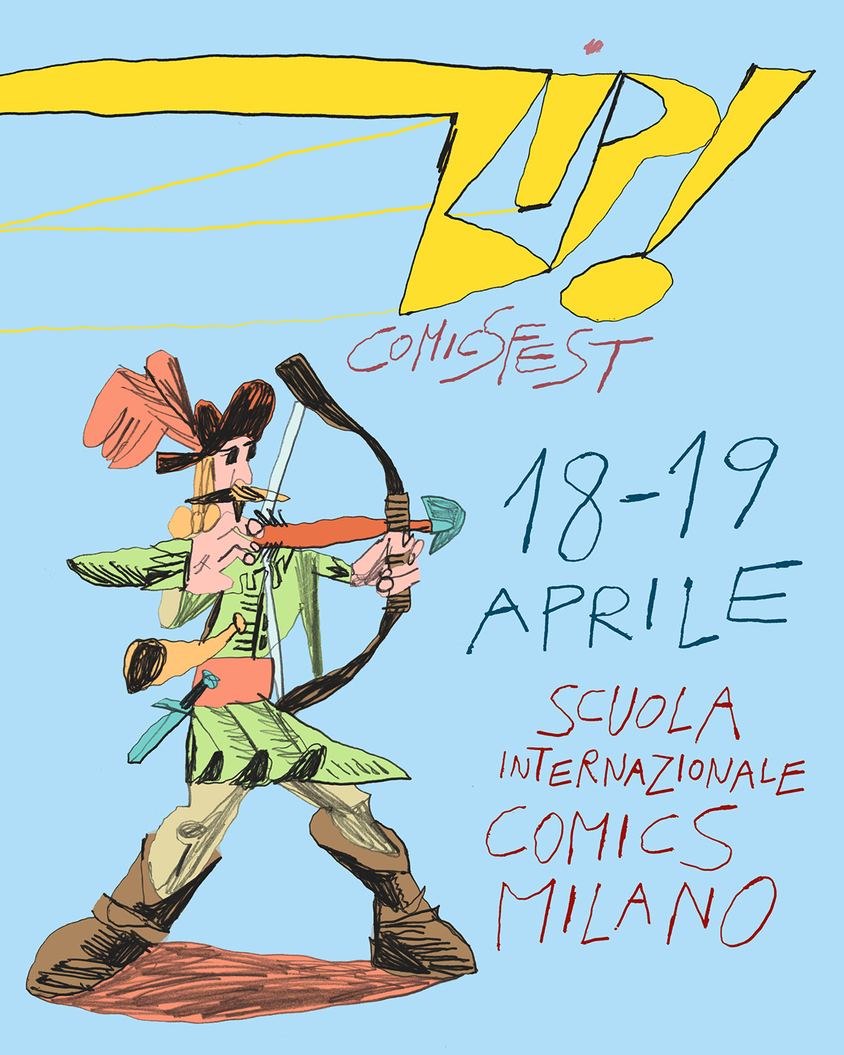 Locandina ufficiale ZIP! ComicsFest Milano 2026 con date 17–19 aprile, workshop, talk e mostre alla Scuola Internazionale di Comics Milano.